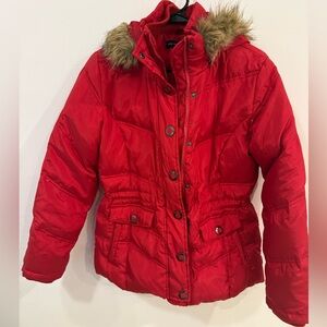 New York & Company Red Down Puffer Jacket Faux Fur Hood Women’s M